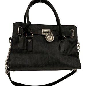 Michael Kors Black Leather Logo Hamilton Satchel Lock Purse